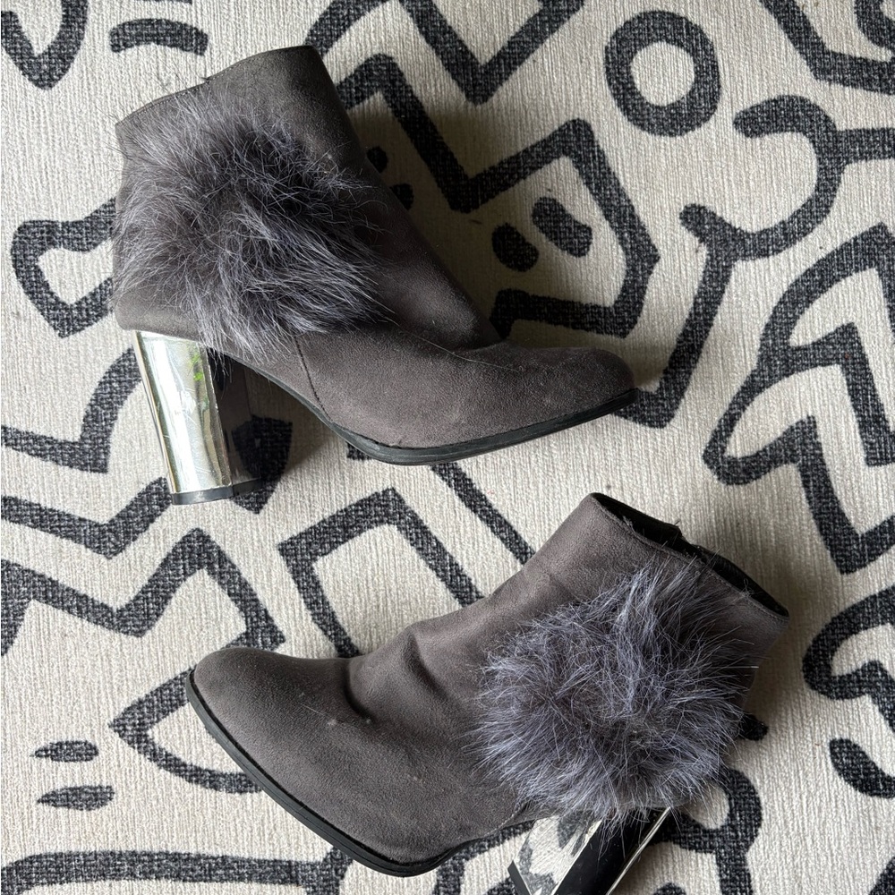 Gray Faux Fur Ankle Boots with Silver Heel